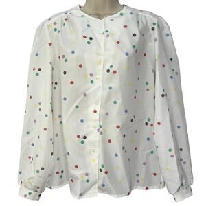 Vintage Lady Arrow Mistique Long Sleeve Blouse White Multi Dots 80s Size M